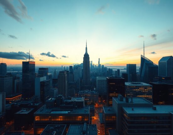 Financial district skyline with digital circuit overlay representing AI and finance