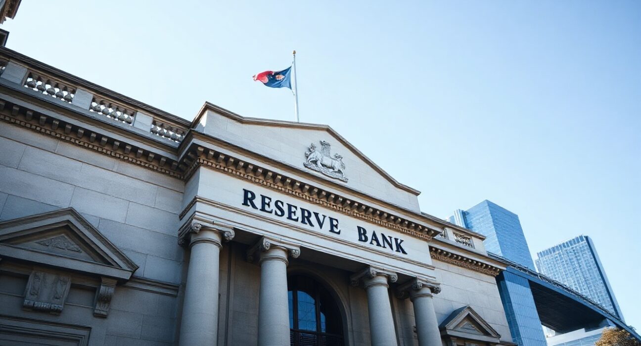 Reserve Bank of Australia headquarters in Sydney, with clear sky and modern architecture.