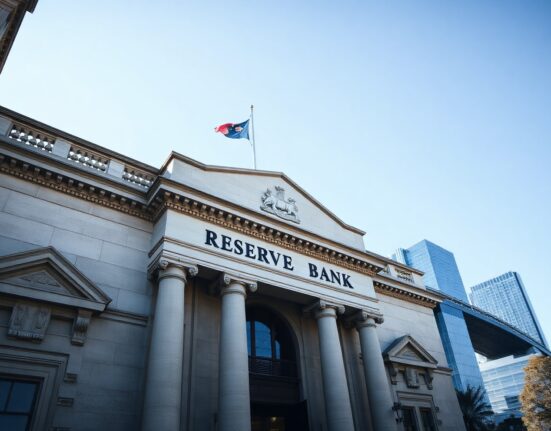 Reserve Bank of Australia headquarters in Sydney, with clear sky and modern architecture.
