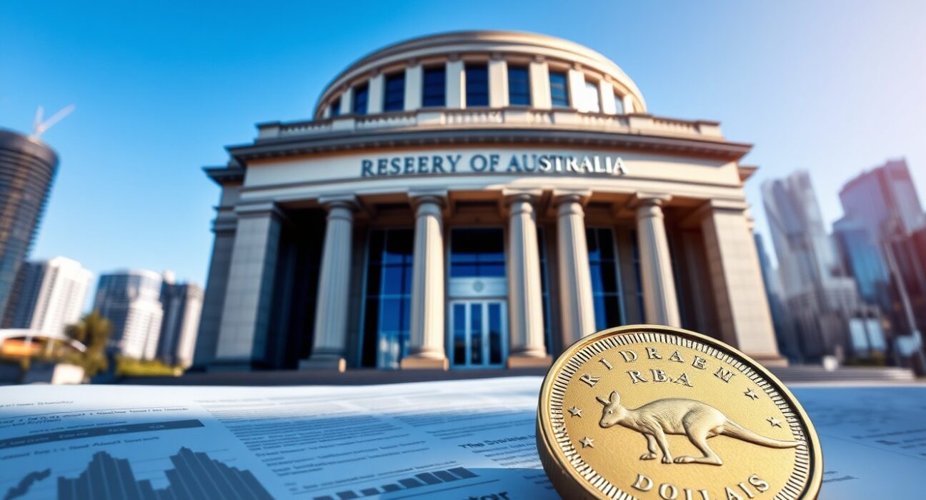 Reserve Bank of Australia building with Australian dollar coin representing RBA monetary policy decisions