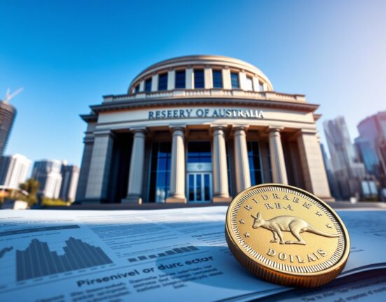 Reserve Bank of Australia building with Australian dollar coin representing RBA monetary policy decisions
