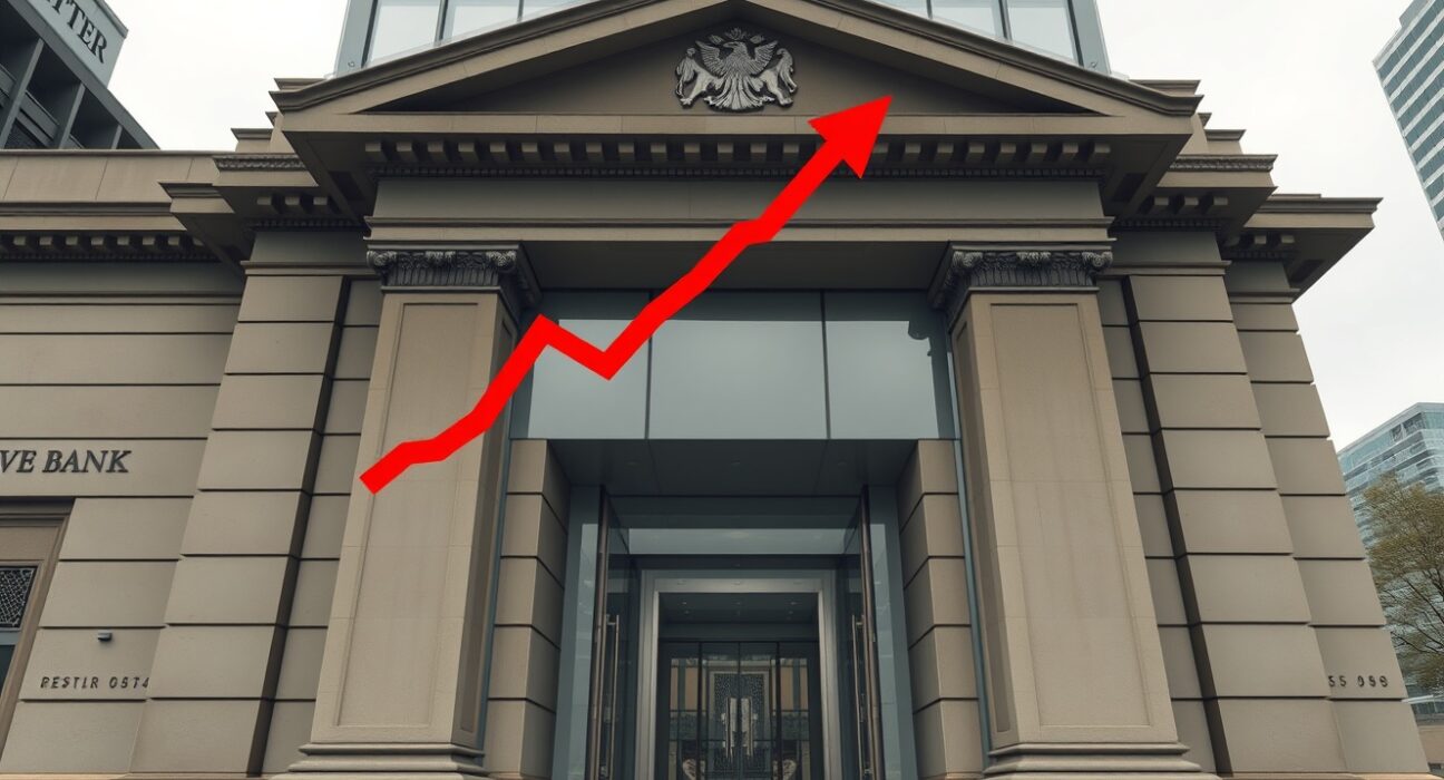 RBA building facade with red inflation trend line, symbolizing tightening risk from price pressures spike.