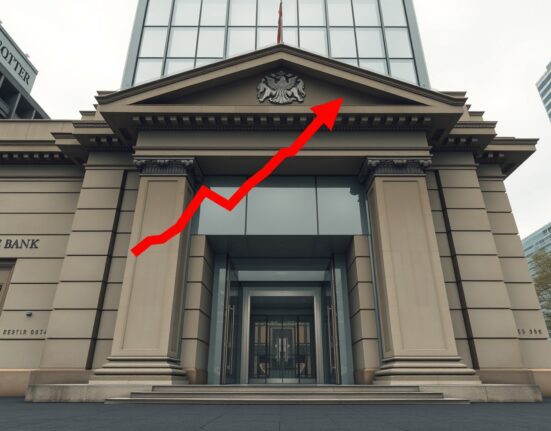 RBA building facade with red inflation trend line, symbolizing tightening risk from price pressures spike.