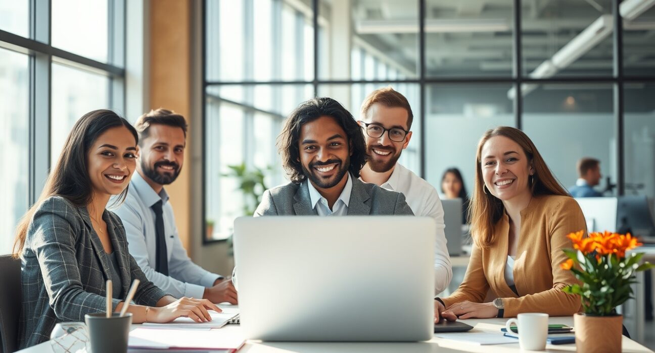 Professionals working in a modern Canadian office with natural daylight, representing gradual labour market improvement.