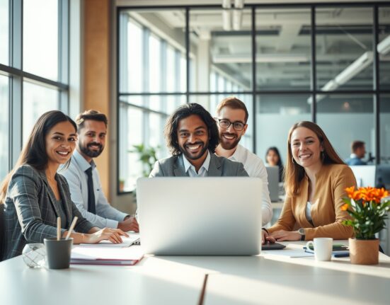 Professionals working in a modern Canadian office with natural daylight, representing gradual labour market improvement.