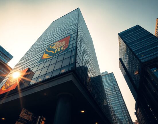 Exterior of RBC financial building in Toronto during golden hour