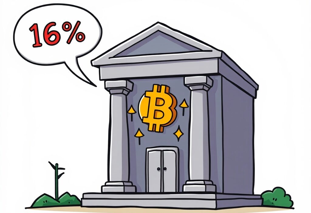 A cartoon bank building with upward arrows, symbolizing the Royal Bank of Canada's significant RBC crypto investment growth in digital assets.