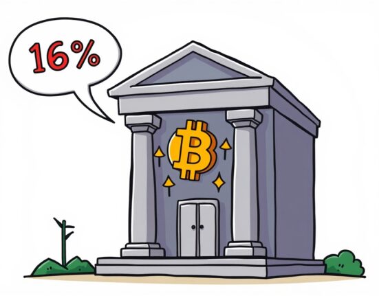 A cartoon bank building with upward arrows, symbolizing the Royal Bank of Canada's significant RBC crypto investment growth in digital assets.