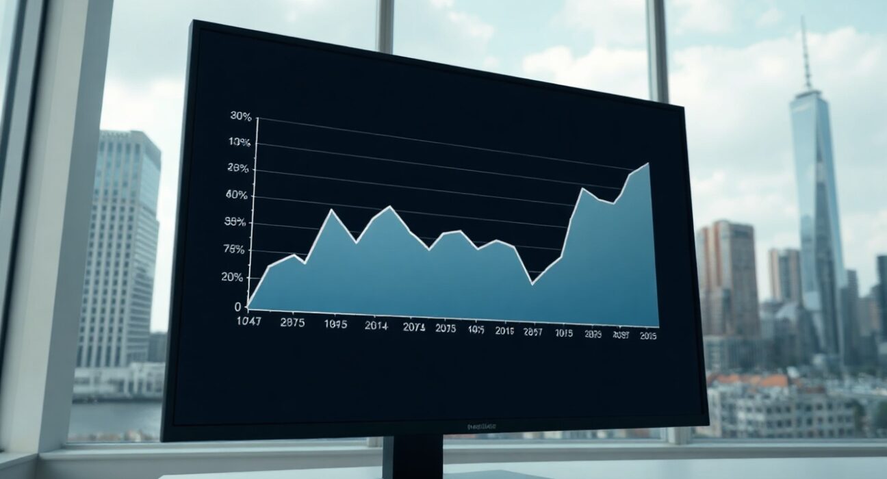Analyst reviewing inflation chart on a screen in a modern office.