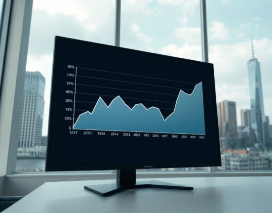 Analyst reviewing inflation chart on a screen in a modern office.