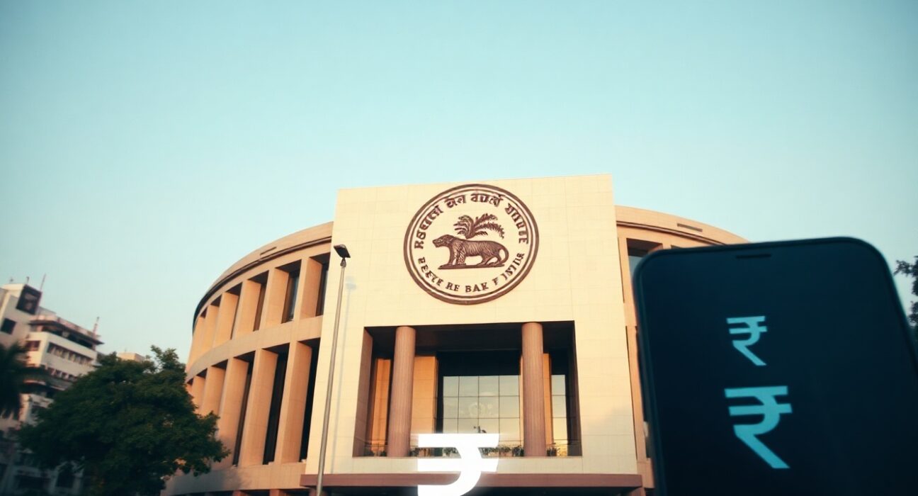 Reserve Bank of India headquarters in Mumbai with digital rupee symbol overlay