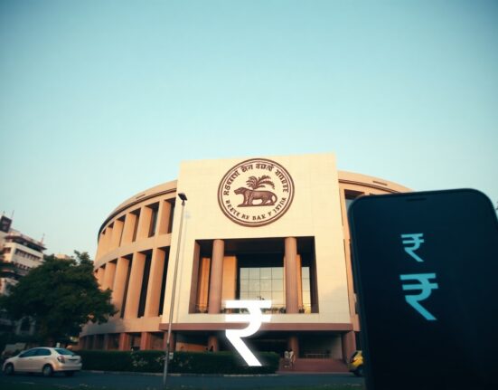 Reserve Bank of India headquarters in Mumbai with digital rupee symbol overlay
