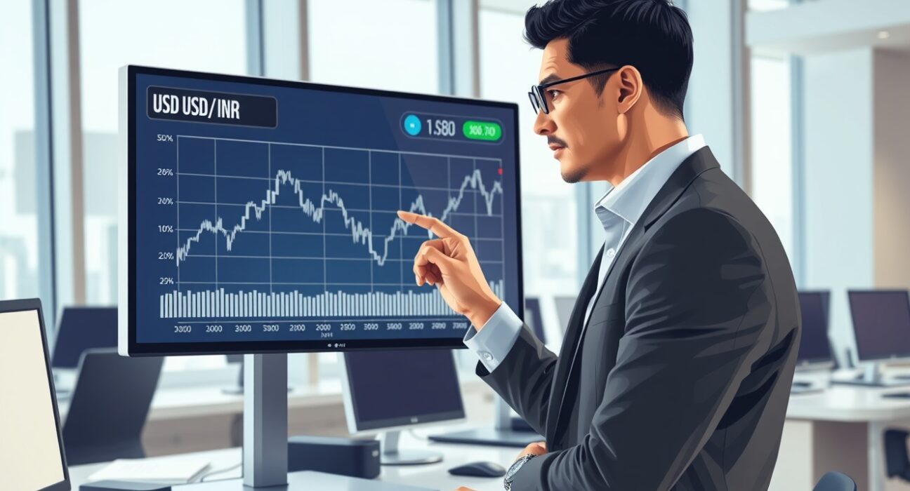 Financial analyst reviews USD/INR chart showing Rupee stabilization after RBI policy change.