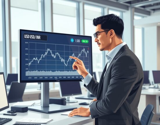 Financial analyst reviews USD/INR chart showing Rupee stabilization after RBI policy change.
