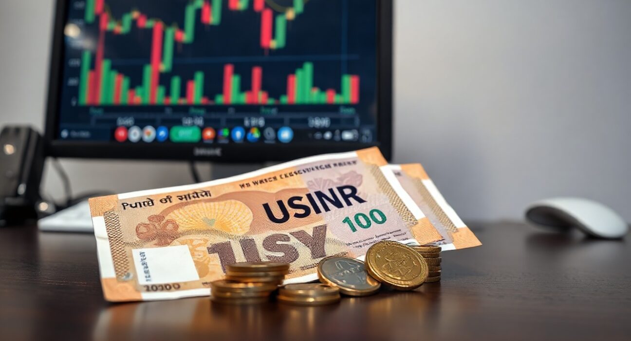 Indian Rupee banknotes and coins with a computer screen showing USD/INR chart in background