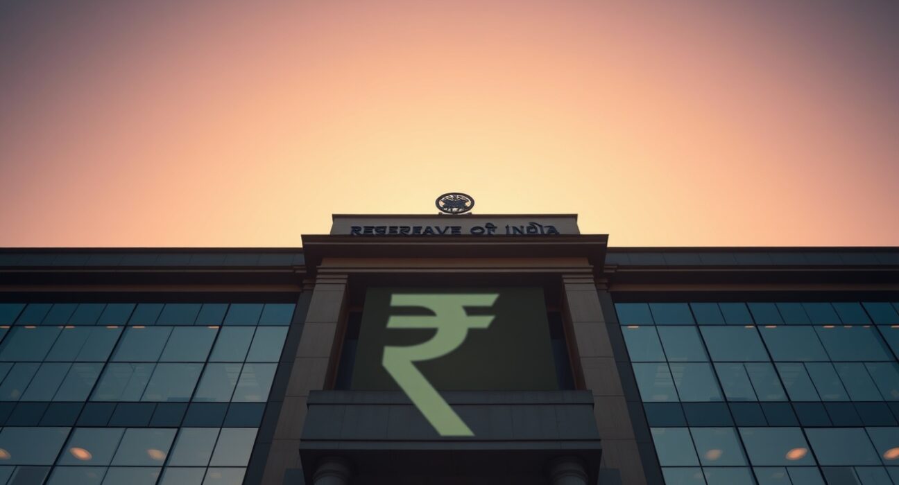 Reserve Bank of India headquarters building in Mumbai at dusk