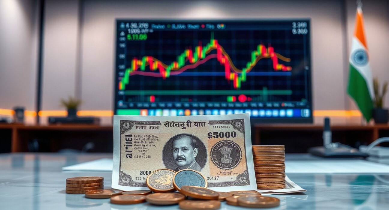 Indian Rupee banknotes with financial charts on a newsroom desk