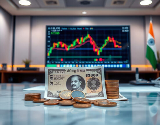 Indian Rupee banknotes with financial charts on a newsroom desk