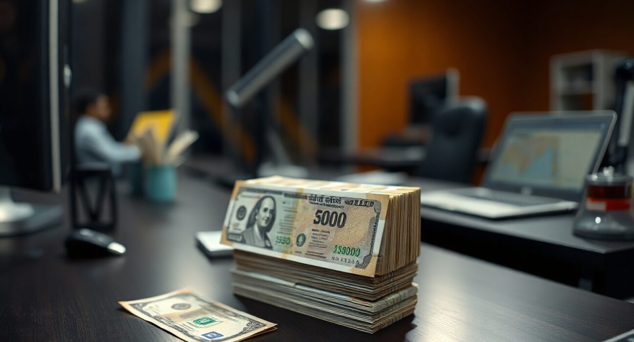 Stack of Indian Rupee notes with a US dollar bill beside it on a desk