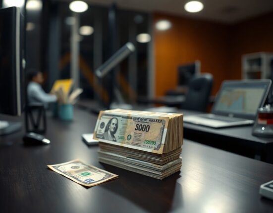 Stack of Indian Rupee notes with a US dollar bill beside it on a desk