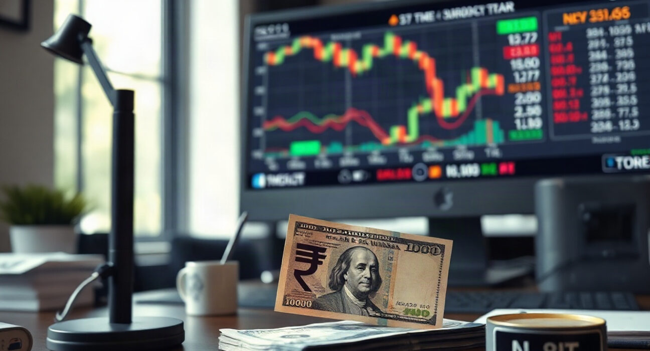 Indian Rupee and US Dollar notes with exchange rate charts on a monitor