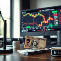 Indian Rupee and US Dollar notes with exchange rate charts on a monitor