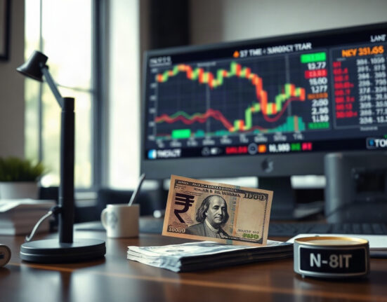Indian Rupee and US Dollar notes with exchange rate charts on a monitor