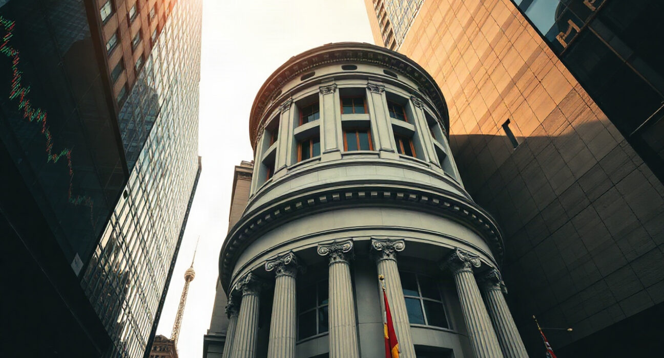 Central bank building with stock market charts reflected in glass, representing upcoming rate decisions and NFP report.