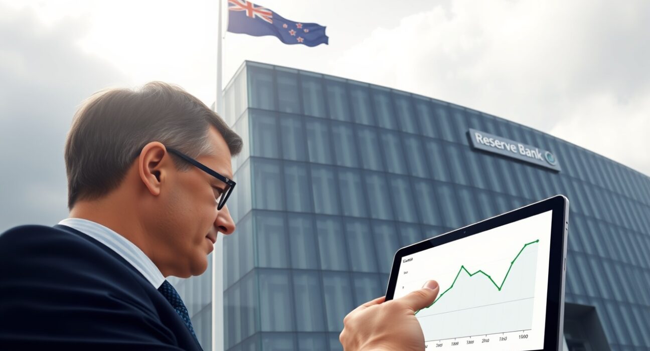 Reserve Bank of New Zealand building with analyst viewing Q1 core inflation data within target band, representing monetary policy stability.
