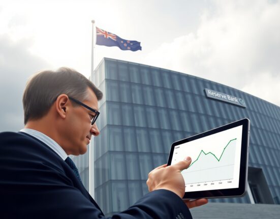 Reserve Bank of New Zealand building with analyst viewing Q1 core inflation data within target band, representing monetary policy stability.