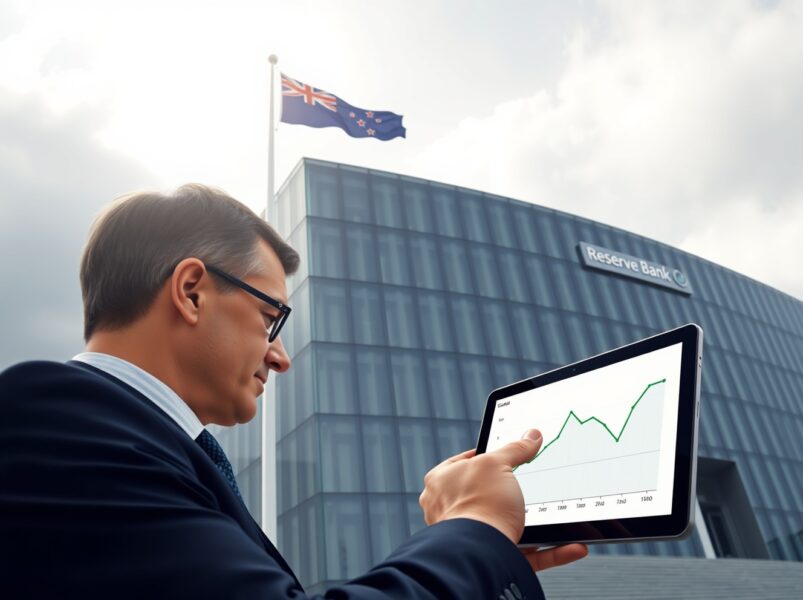 Reserve Bank of New Zealand building with analyst viewing Q1 core inflation data within target band, representing monetary policy stability.