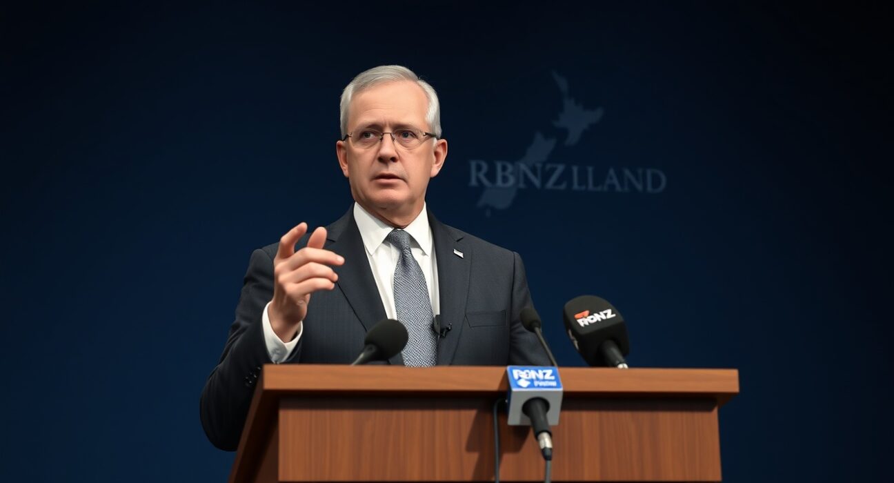 RBNZ Governor Adrian Breman speaking at a press conference in Wellington, explaining the central bank's interest rate decision.