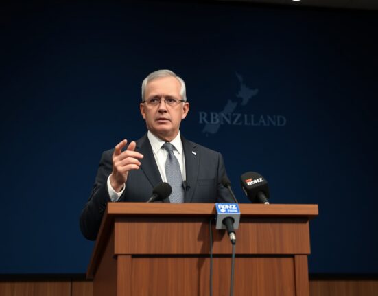 RBNZ Governor Adrian Breman speaking at a press conference in Wellington, explaining the central bank's interest rate decision.