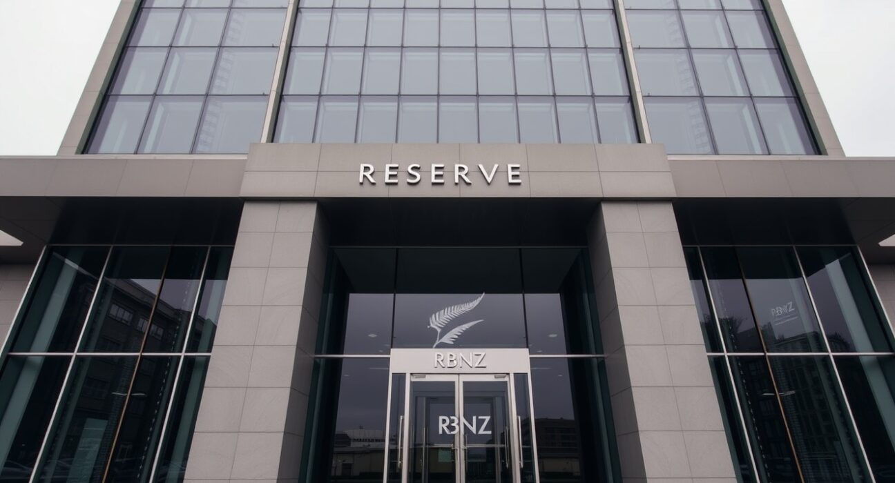 Reserve Bank of New Zealand building in Wellington on a cloudy day