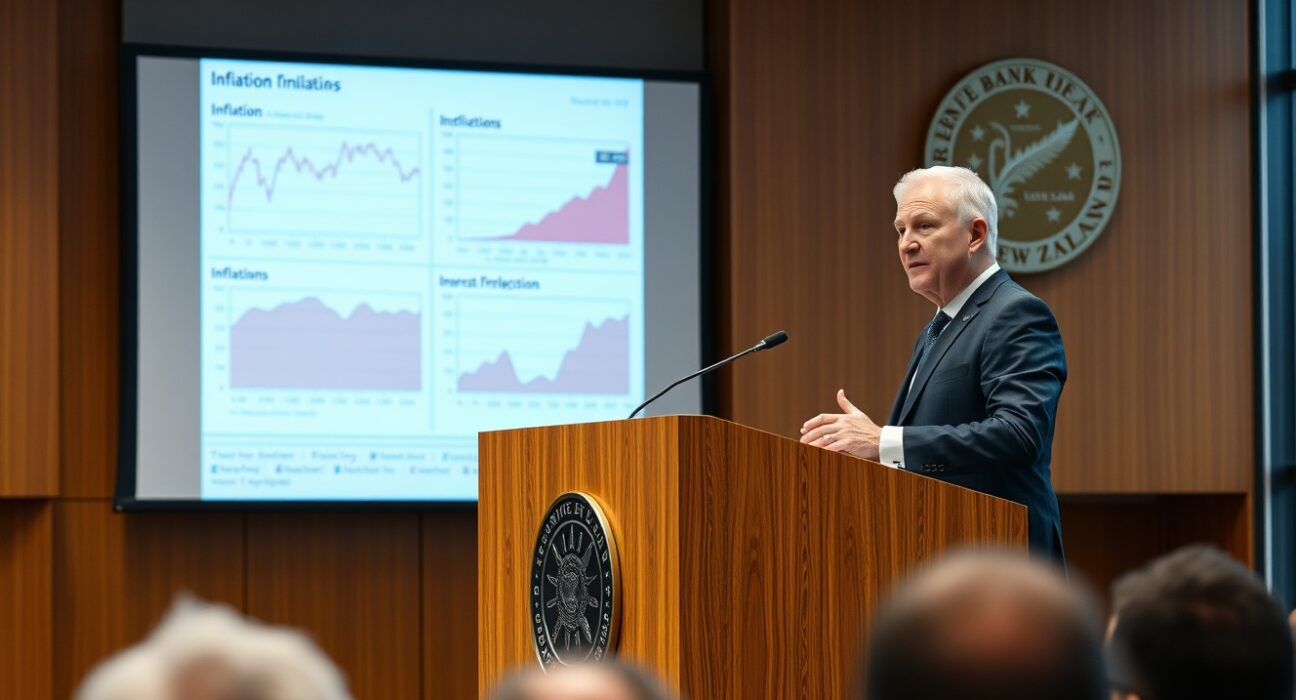 RBNZ Governor Breman delivers speech on inflation and interest rate outlook with economic charts displayed.