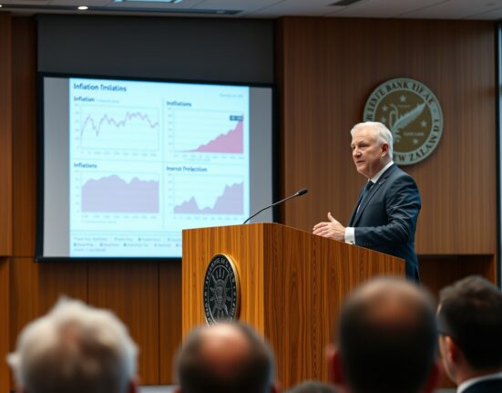 RBNZ Governor Breman delivers speech on inflation and interest rate outlook with economic charts displayed.