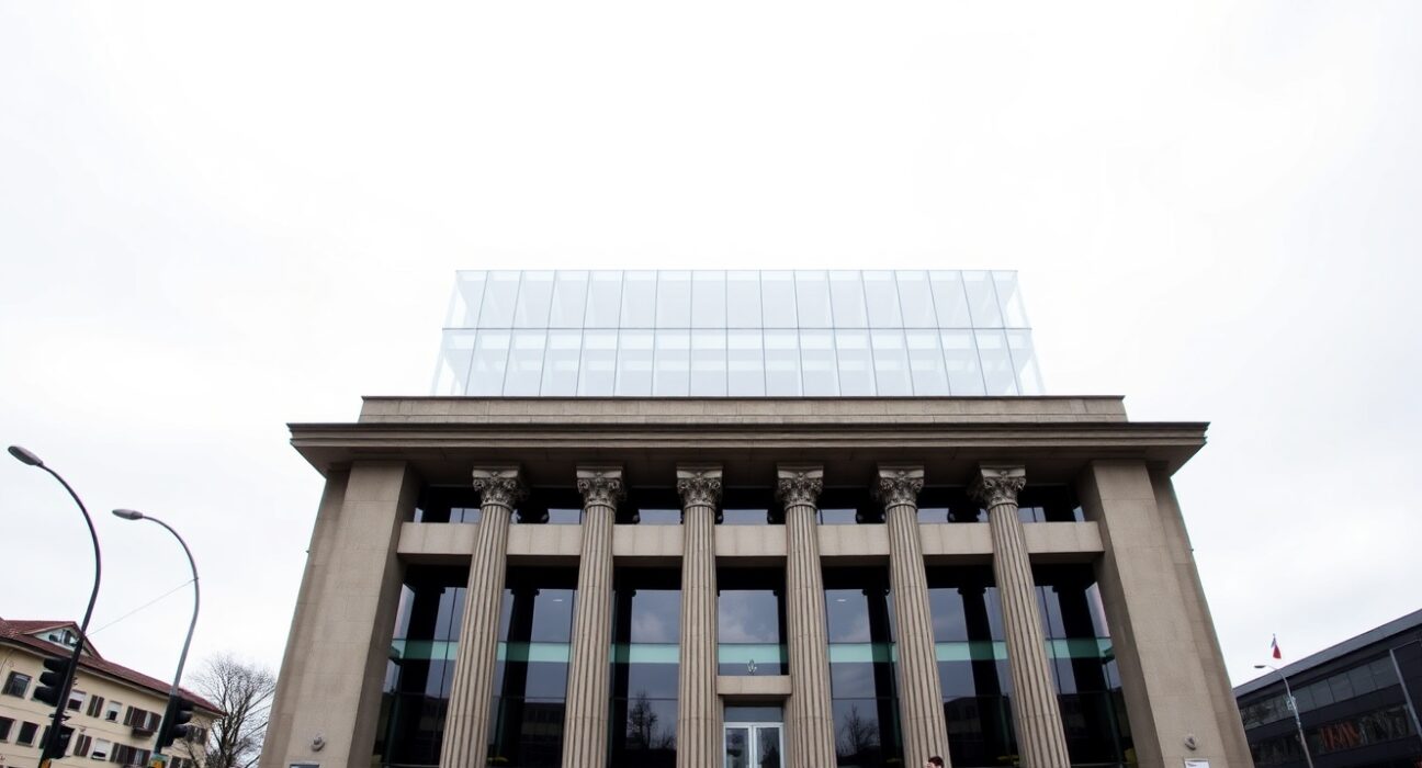 Exterior of the Reserve Bank of New Zealand building in Wellington on a cloudy day