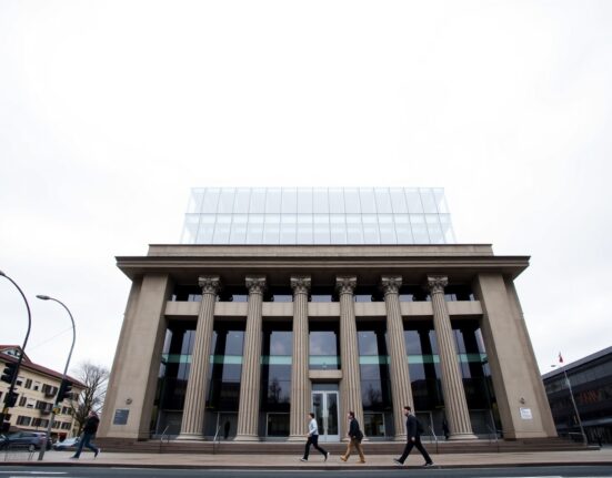 Exterior of the Reserve Bank of New Zealand building in Wellington on a cloudy day