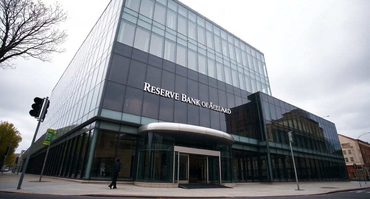 Reserve Bank of New Zealand headquarters building in Wellington under overcast sky