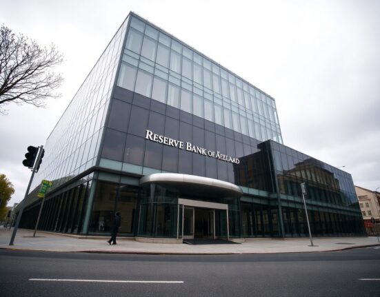Reserve Bank of New Zealand headquarters building in Wellington under overcast sky