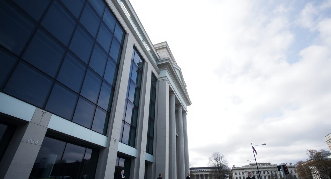 Exterior of the Reserve Bank of New Zealand building in Wellington on a cloudy day