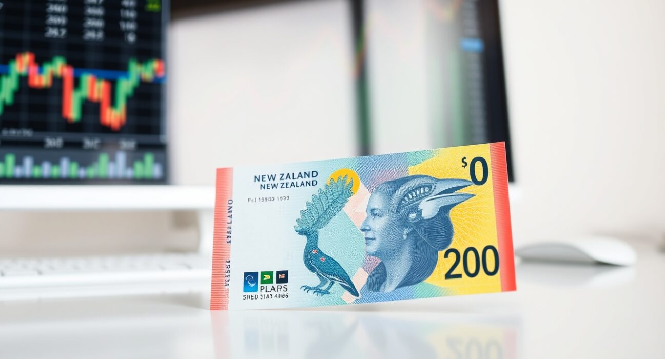 New Zealand Dollar banknote on a financial desk with a trading chart in the background.