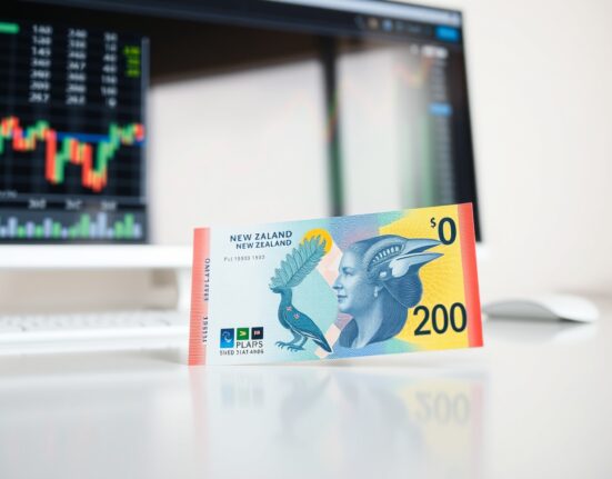 New Zealand Dollar banknote on a financial desk with a trading chart in the background.