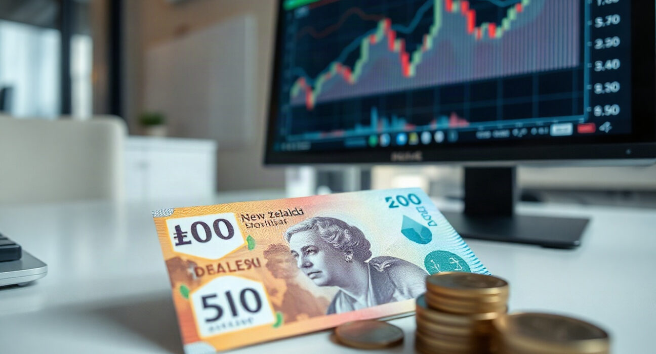 New Zealand Dollar banknotes and coins with a financial chart on a monitor in the background.