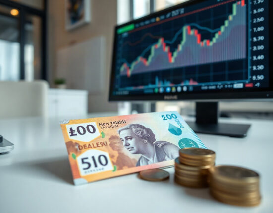 New Zealand Dollar banknotes and coins with a financial chart on a monitor in the background.