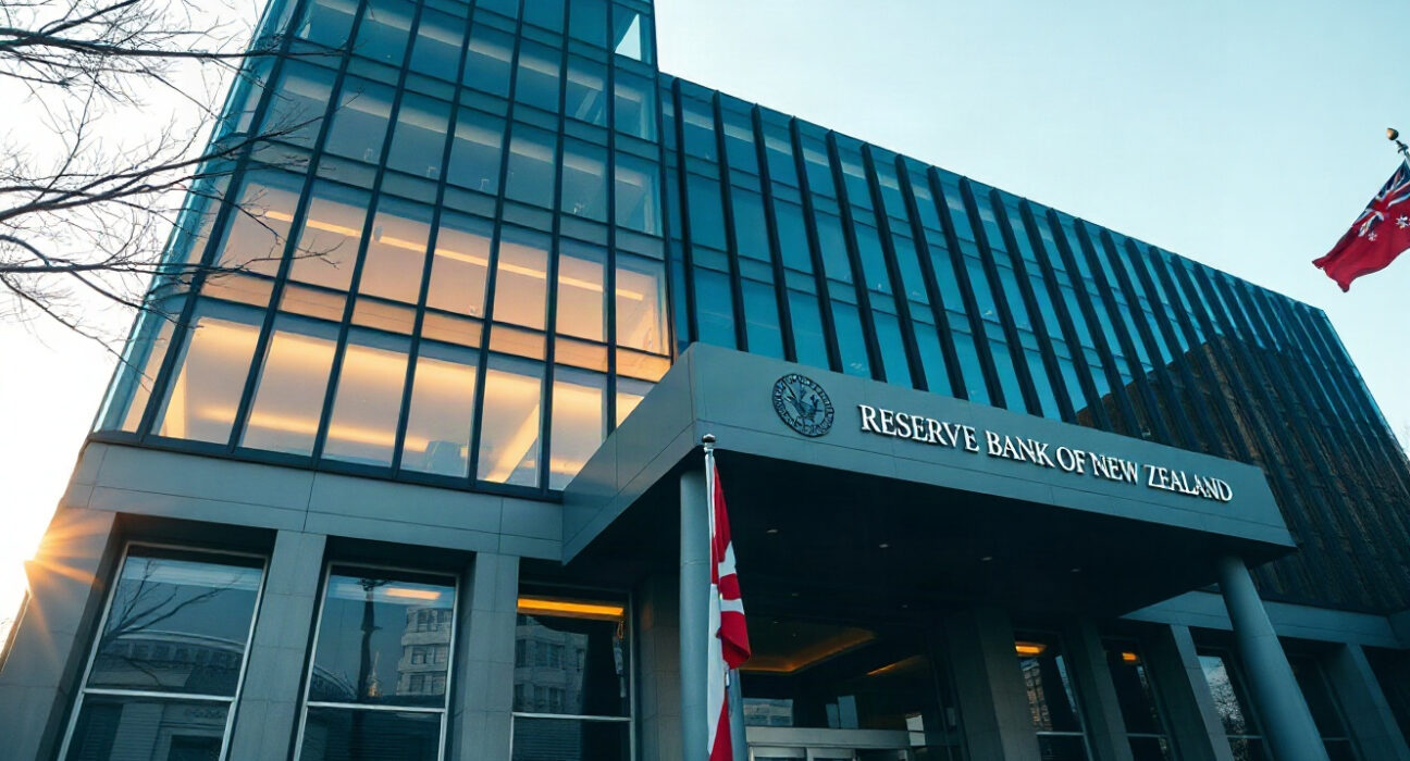 Reserve Bank of New Zealand building in Wellington on a sunny morning, symbolizing monetary policy decisions.