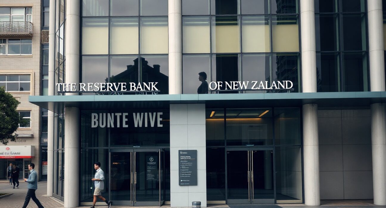 Exterior of the Reserve Bank of New Zealand building in Wellington on a cloudy day