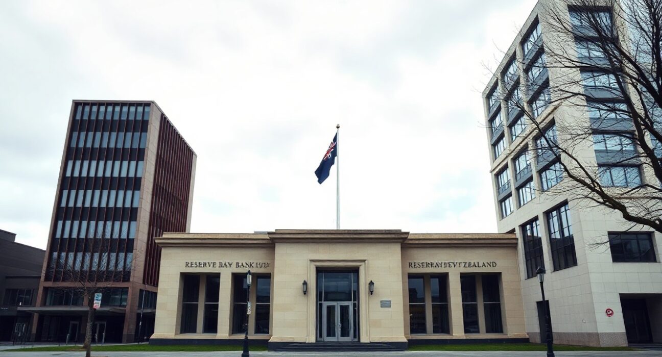 Reserve Bank of New Zealand building in Wellington on a cloudy day