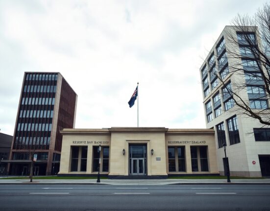 Reserve Bank of New Zealand building in Wellington on a cloudy day