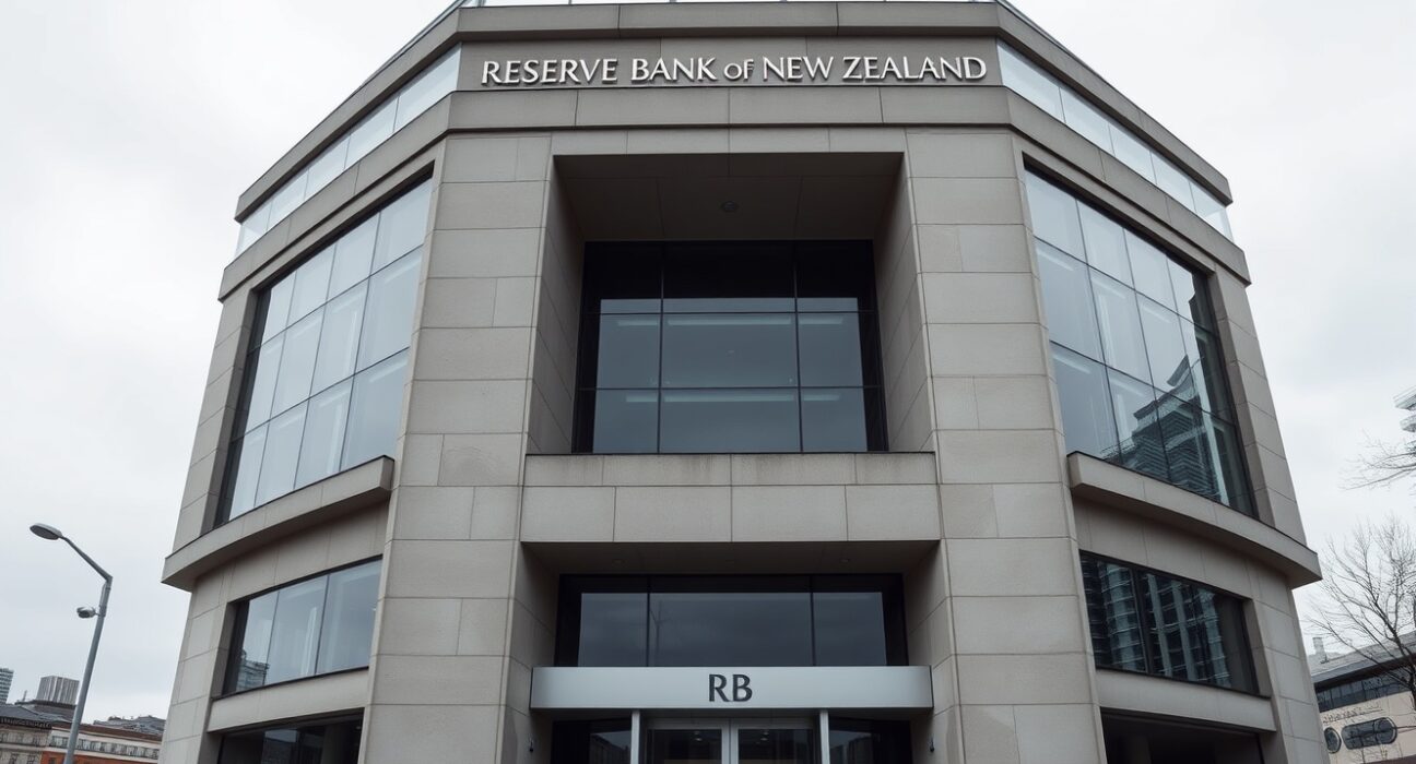 Exterior of the Reserve Bank of New Zealand building in Wellington on a cloudy day